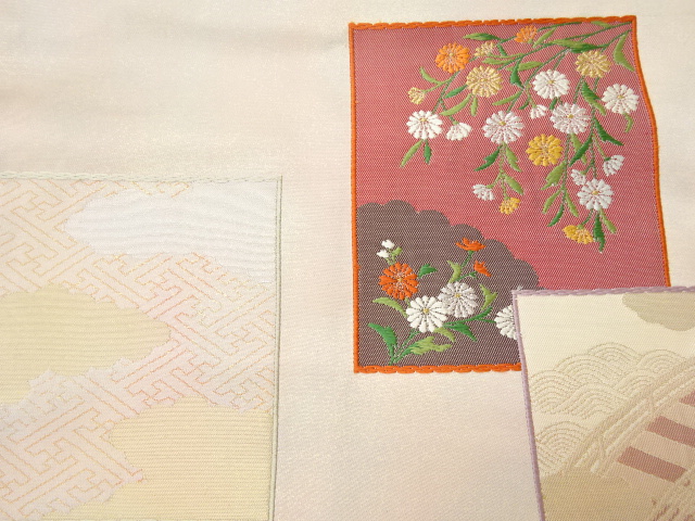 JAPANESE KIMONO / ANTIQUE NAGOYA OBI / WOVEN FLOWER WITH CLOUD & BRIDGE